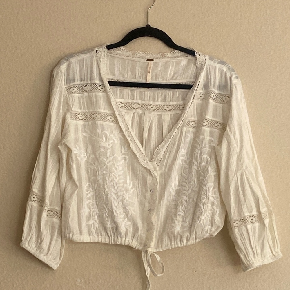 Free People Follow Your Heart Balloon Sleeve Tie Waist Top, Ivory, Small - Picture 3 of 8